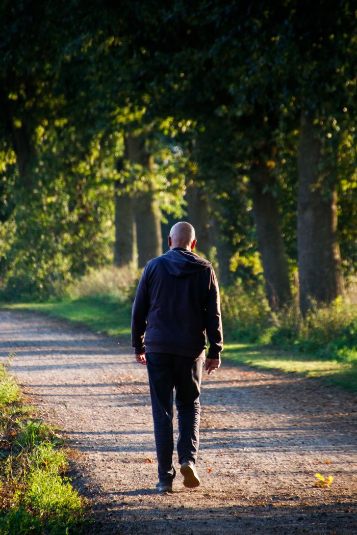 Man walking down a tree-lined path in Varsseveld, Gelderland, during a sunny day.